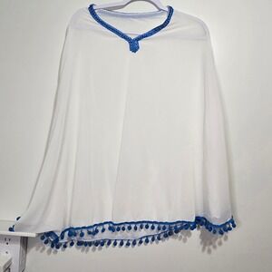 TOSSA White Blue Pom Pom Trim Sheer Poncho Cape Cover Up One Size